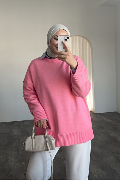 HYWONA سترة نسائية تريكو قصة فضفاضة برقبة دائرية باللون الوردي الفاتح
