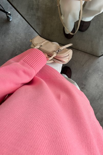 HYWONA Women's Crew Neck Oversized Knitwear Tunic Sweater Powder Pink