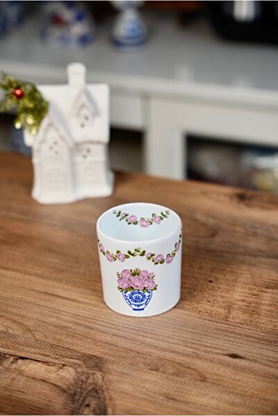 Viva Seramik New Blue White Pink Rose, Handleless Double Turkish Coffee Cup, ...