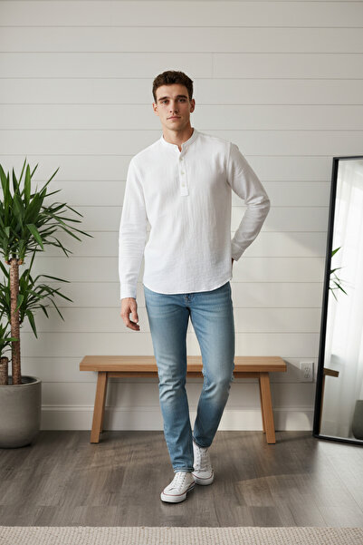 A&O Style Erkek Oversize Hakim Yaka Yarım Pat Düğmeli Uzun Kollu Müslin Keten...