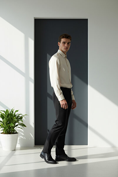 A&O Style Men's Cream Oversized Gramage Tok Modal Fabric Long Sleeve Shirt