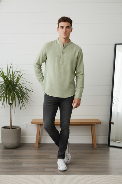 A&O Style Erkek Yeşil Oversize Hakim Yaka Yarım Pat Düğmeli Uzun Kollu Müslin...