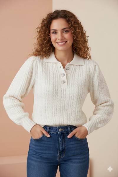 binoi Екру пуловер с поло яка, копчета и камъни