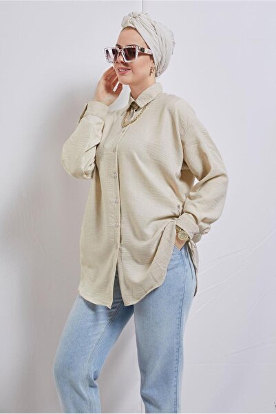 TRENDTESETTÜR KADIN BEJ YANI BÜZGÜLÜ GÖMLEK TUNİK T 2811