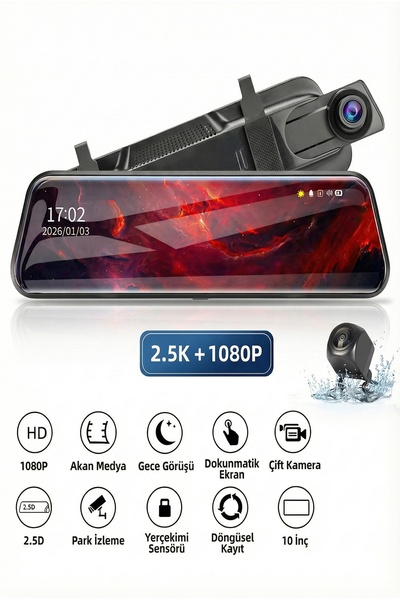 Fibaks Araç içi Kamera 9.66inç Dokunmatik Çift Kameralı Ayna Araç Kamerası Fu...