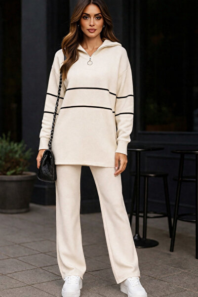 semela طقم تريكو بياقة قائمة وسحاب مع بنطلون