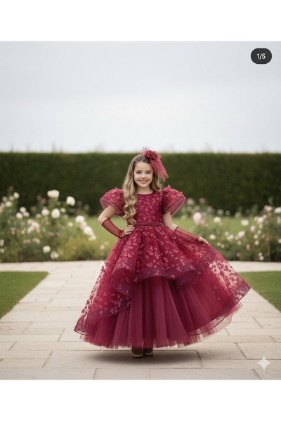 nisaykids طقم قفازات بإبزيم على شكل زهرة بورجوندي للفتيات الصغيرات