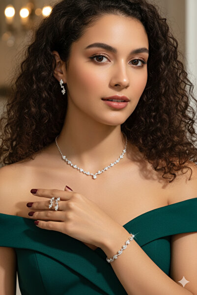 Renkada Gümüş Kaplama Asil Kolye Küpe Ve Bileklik Seti 3'lü Set Davet Düğün N...