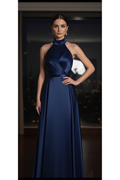 makbuleofficial Lacivert Saten Kumaştan Kolsuz ,Pileli Etekli Mezuniyet Elbisesi