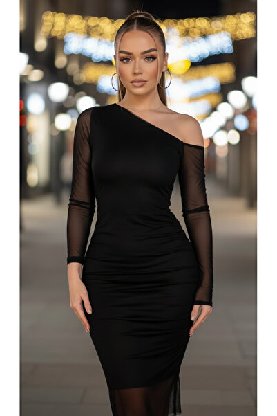 ALPACO Asimetrik Yaka Tek Omuz Tül Detaylı Midi Boy Elbise