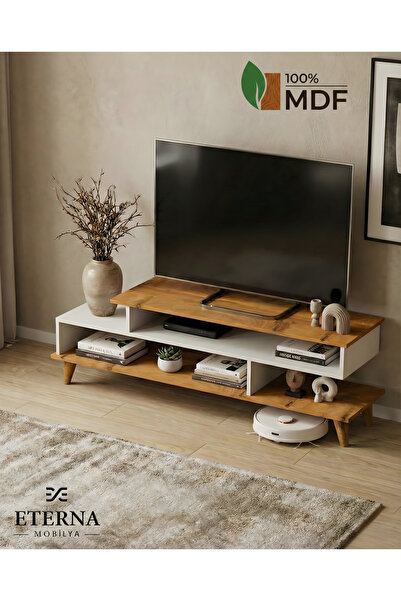 Eterna Mobilya Asima TV Ünitesi | BEYAZ- ÇAM | TAMAMI MDF | AHŞAP AYAK | 150 CM