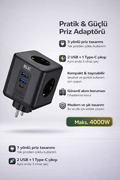 Blic ROSE TEKNOLOJİ 2 USB 1 TYPE-C 3 PRİZ ÇIKIŞLI 4000W 16A ÇOCUK KİLİDİ TERM...