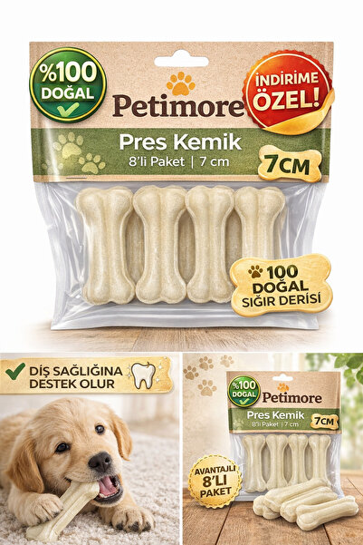 Petimore 7 cm Pres Kemik Köpek Çiğneme Kemiği 8’li Paket %100 Doğal Sığır Der...