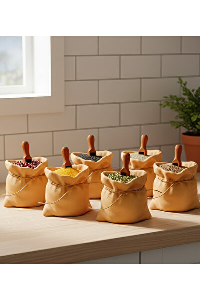 Bayan Rottenmeier 6'lı Çuval Görünümlü Kaşıklı Baharatlık Seti-Baharatlık Tak...