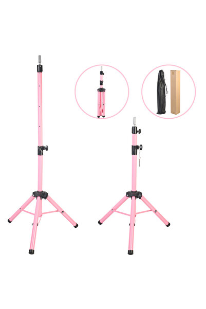 Mina Peruk Kuaför Eğitim Mankeni İçin Metal Tripod - Pembe + Taşıma Çantası