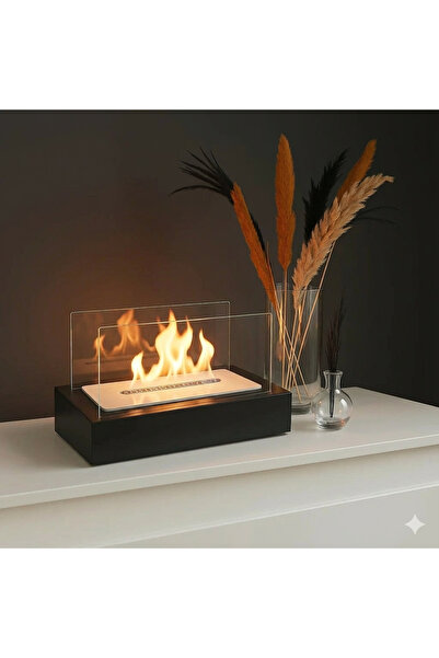 Alya Noire Premium Metal Masaüstü Şömine - 190x230 mm Modern Loft Dekoratif B...