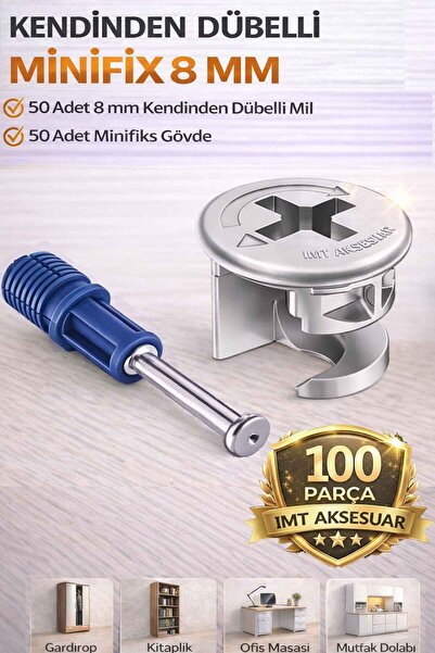 İMT AKSESUAR 8 mm Kendinden Dübelli Minifix Gövde ve Mil Seti - Mobilya Bağla...