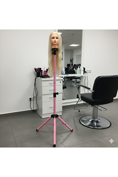 Mina Peruk Kuaför Eğitim Mankeni İçin Metal Tripod - Pembe + Taşıma Çantası