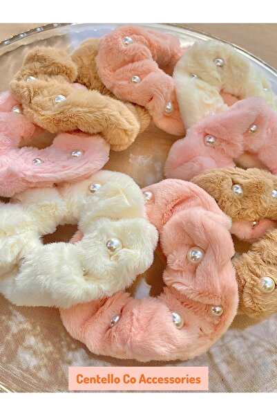 WiLi Peluş Simit Toka Peluş Lastik Toka Kadın Peluş Toka İncili Toka Pudra Pembe