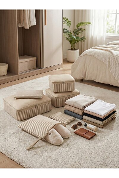 NACAREV 6’lı Krem Çizgi Desenli Valiz Bavul Içi Düzenleyici Seti Seyahat Hurc...