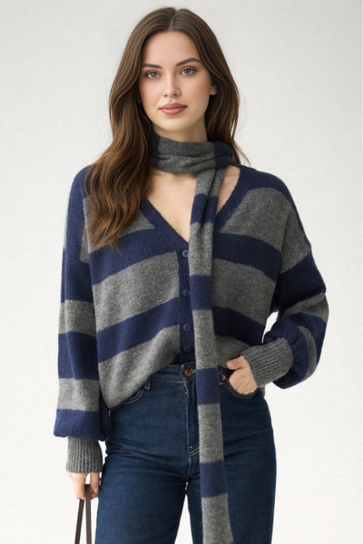 LOOSH Kadın Lacivert Çizgili Şal Aksesuarlı Hırka