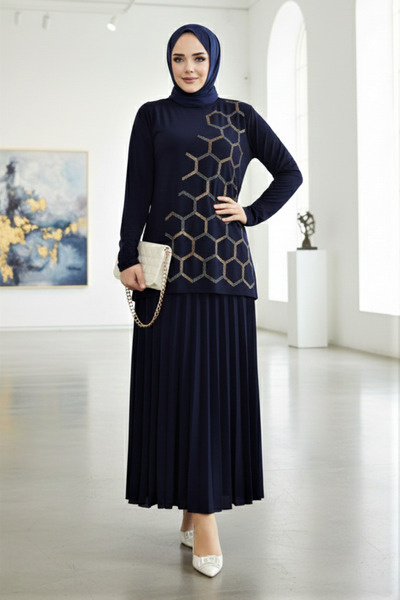 modamira Kadın Sandy Lacivert 2li Özel Tarz Davet Bluz Taş Detaylı Eteği Pili...