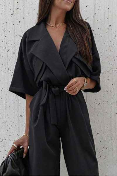 OLSAMODA Women's Shirt with Pocket Detail and Belted Shirt Collar Tulle Jumpsuit