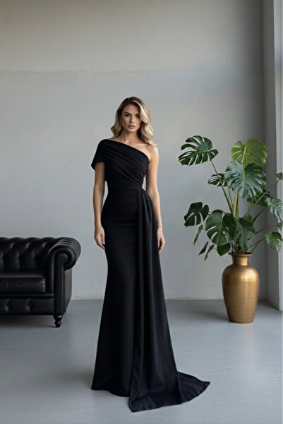 Alfudo Ewo Kuyruklu Tek Omuz Mavi Abiye Elbisesi