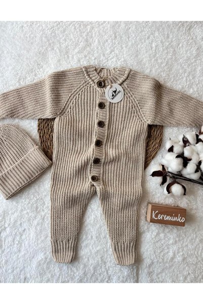Kereminko Bebek Buttoned Beige Thessaloniki Knitted Baby Romper with Hat 3-6, 6-9, 9-12 Months