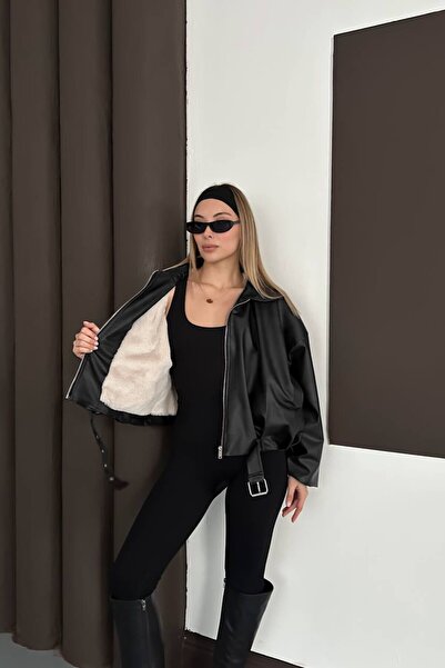 Helen Goods Γυναικείο δερμάτινο μπουφάν O oversized με γούνα εσωτερικά