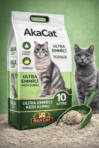 AKACAT 10 Lt Gri Bentonit Doğal %100 Topaklaşan Kedi Kumu