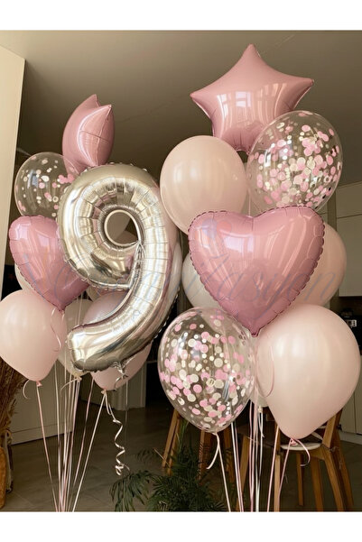 Organizasyon Pazarı Gümüş Rakam 9 Balon Seti Pembe Kalp Yıldız Konfeti Doğum ...
