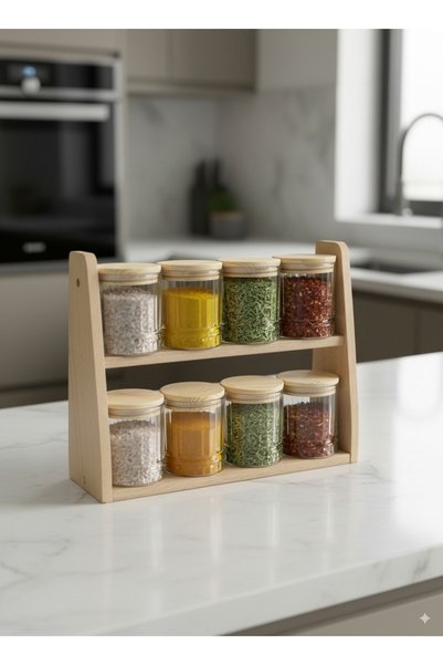 vivotti Laura Lotus-Set of 8 Vacuum Glass Spice Jars with Wooden Lid Storage Container Set 210 ml