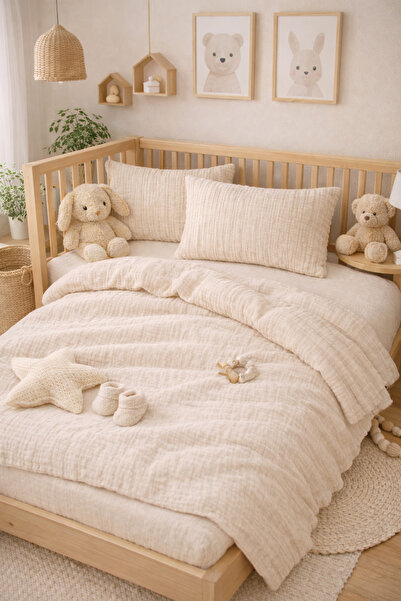 NazeninHome Müslin Bebek Nevresim Takımı %100 Pamuk ( 2 Kat ) Bej