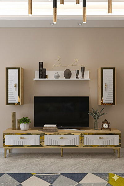 YUMEDİ DESİGN TVR1801DBG - KEREM TV ÜNİTESİ 180CM SAFİRMEŞE-BEYAZ-GOLD