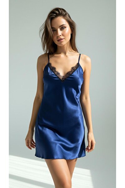 NIGHTLINGHT Kadın Lacivert Şık Rahat Dantel Detaylı Saten Gecelik