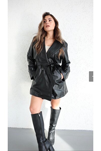 timagna Kadın Deri Trençkot Kuşaklı Kısa Boy Yeni Sezon Dış Giyim