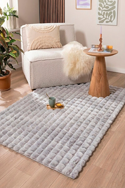 ECOSER Puffy Bubble Tavşan Tüyü Post Kaymaz Taban Yıkanabilir Gri Peluş Halı ...