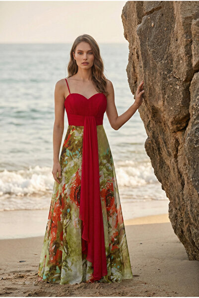 LEBUDA FASHION Kırmızı Çiçek Desenli İnce Askılı Abiye Elbise - Düğün, Nişan,...