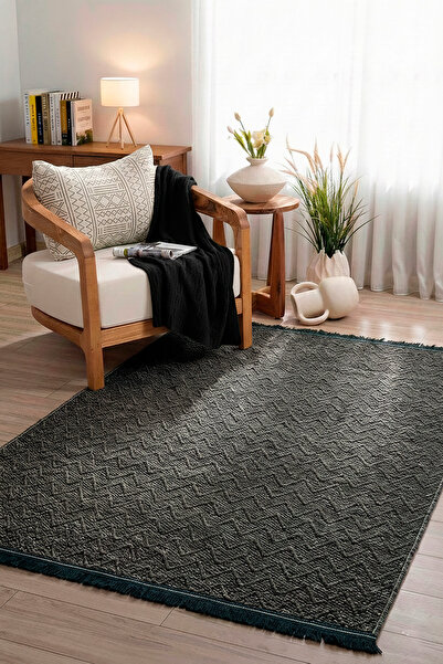 ECOSER Balık Sırtı Makinede Yıkanabilir Kaymaz Taban Antrasit Jüt Kilim Salon...