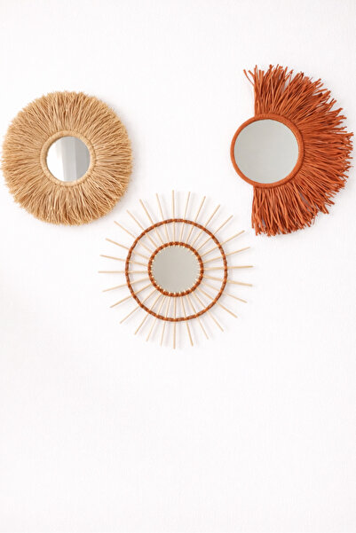 Bubihome 3’lü Bohem Kiremit Rafya & Bambu Ayna Seti – El Yapımı Doğal Duvar D...