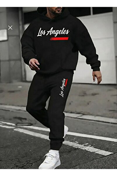 LELVANİ Men's Los Angeles Red Striped Printed Bottom Top Tracksuit Set Hooded