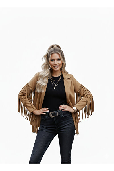 ANBLYs COLLECTION Püsküllü Süet Uzun Kollu Kovboy Kadin Ceket