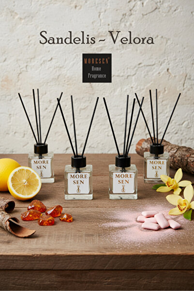 MORESEN Sandelis - Velora - 4 Adet - 100 ml Bambu Çubuklu Oda Kokusu, Cam Amb...