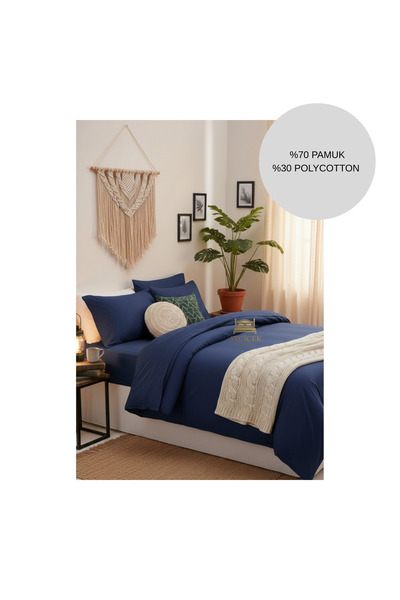 ayçiçek home Single Bedding Set Non-Elastic Fitted Sheet 100/200 Dark Blue Pi...