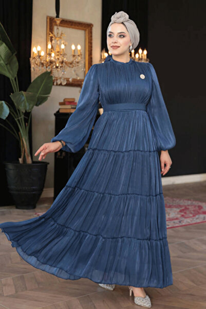 N.S NEVA STYLE - Kat Piliseli Lacivert Tesettür Abiye Elbise 52981L