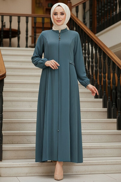 N.S NEVA STYLE Green Hijab Ferace with Pleat Detail 45289Cy