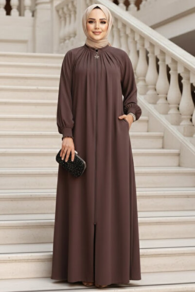N.S NEVA STYLE Tesettür maro cu fermoar Ferace 45293KH