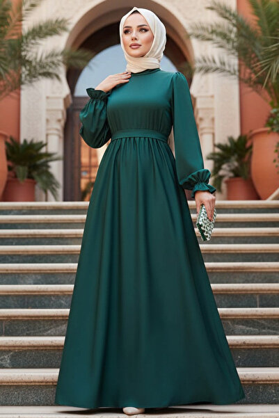 N.S NEVA STYLE فستان حجاب أخضر زمردي ساتان 62132ZY