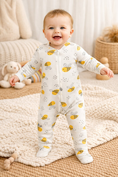 Nexvora Arı Desenli Fermuarlı Bebek Çocuk Tulumu Beyaz